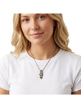 VTG 1928 Brand Marked Silver Tone Triple Square Opal Pendant Necklace 16-18” Adj